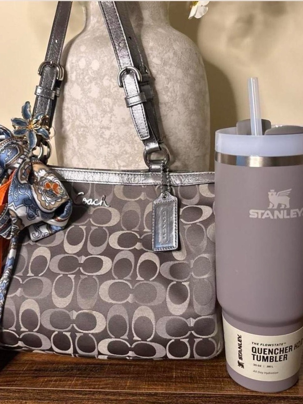 Coach Taupe Signature Tote with Silver Trim and Scarf Accent